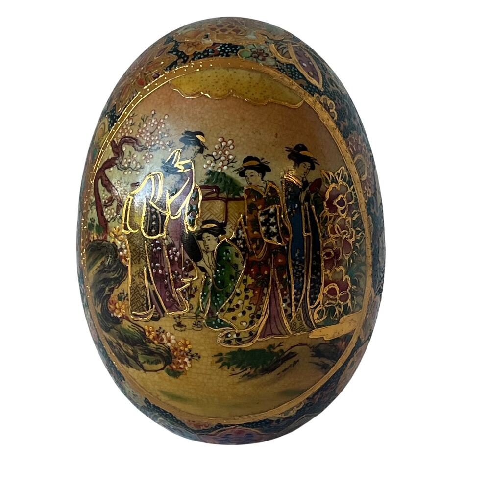 Vintage Satsuma Hand Painted Geisha Egg Gold Moriage Japanese Decor 7 Inch